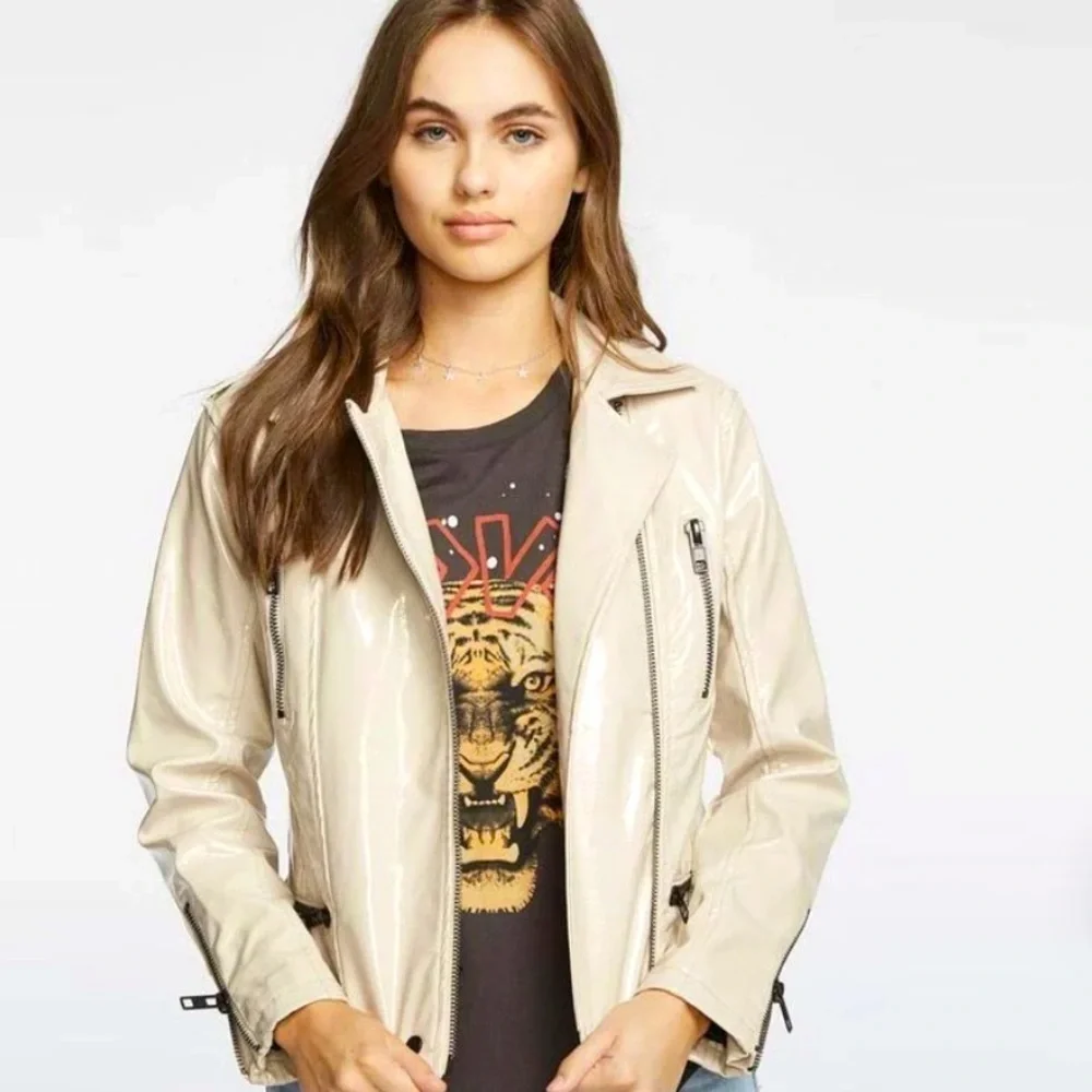 Women's CHASER Moto Jacket, Size Large Beige Tan Pleather NWT Zippers